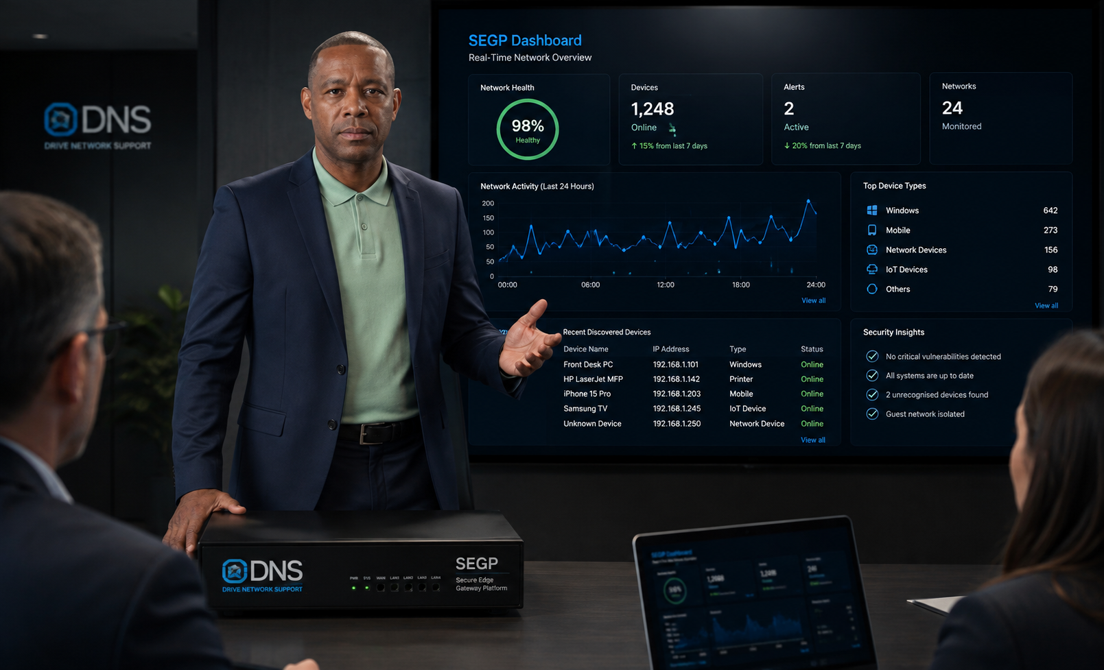 Lennux Ferdinand standing beside the Secure Edge Gateway Platform appliance explaining a live network dashboard to colleagues