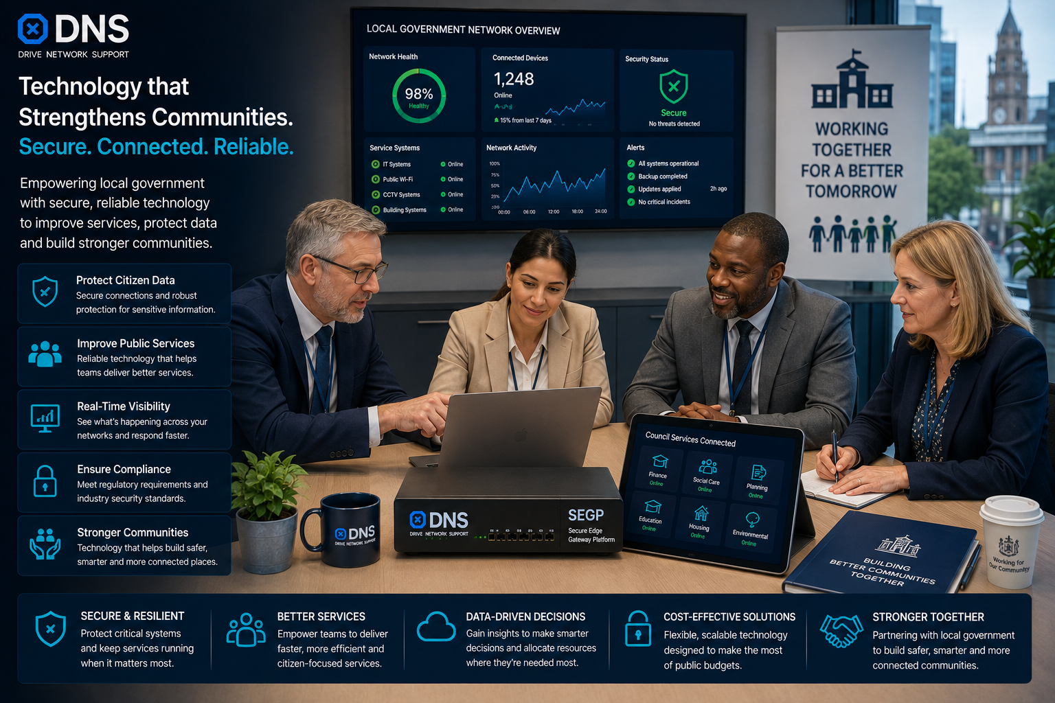 Council operations centre with digital town dashboards and community service monitoring