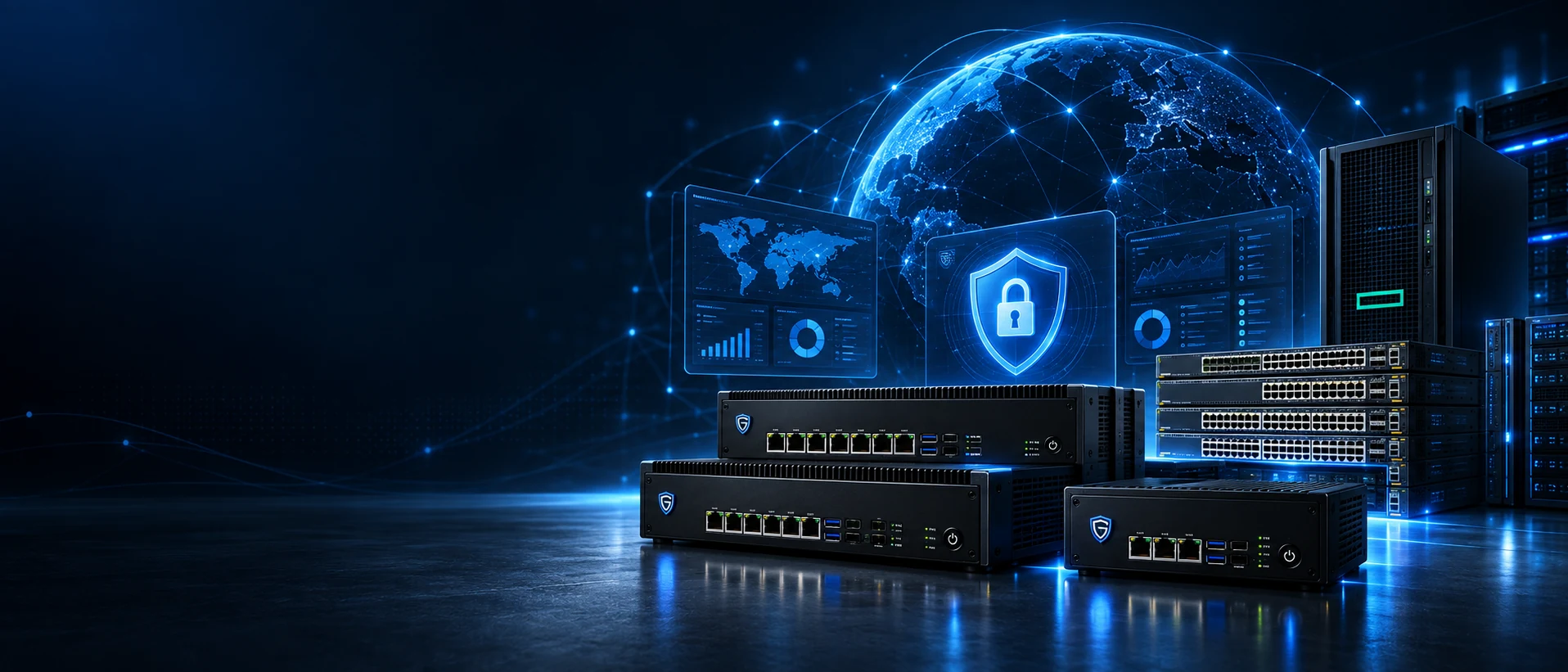 Secure edge hardware, enterprise networking, cybersecurity dashboards and a connected digital globe