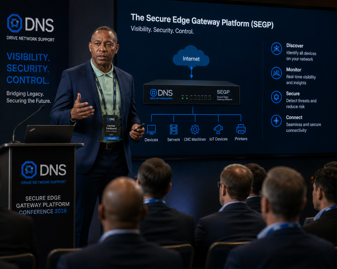Lennux Ferdinand presenting the Secure Edge Gateway Platform at a technology conference