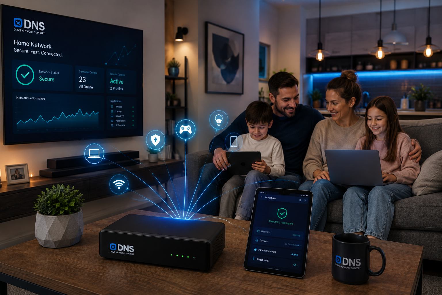 Modern connected smart home with a television, home office laptop and connected devices