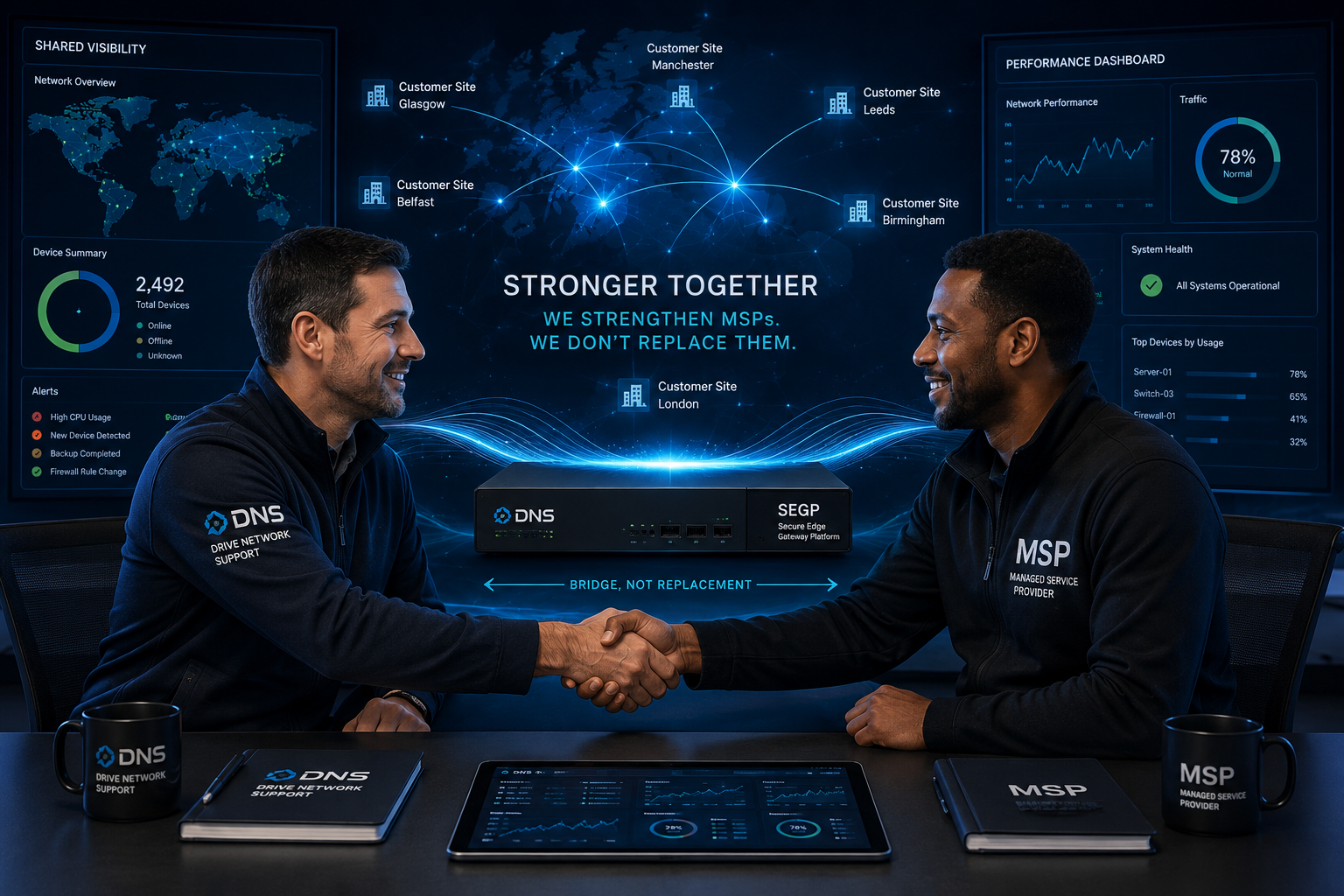 Drive Network Support and a managed service provider shaking hands in front of a shared dashboard