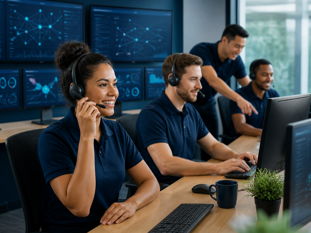 Drive Network Support consultants wearing headsets speaking with customers in a bright modern office, with Secure Edge Gateway Platform dashboards displayed on screens behind them