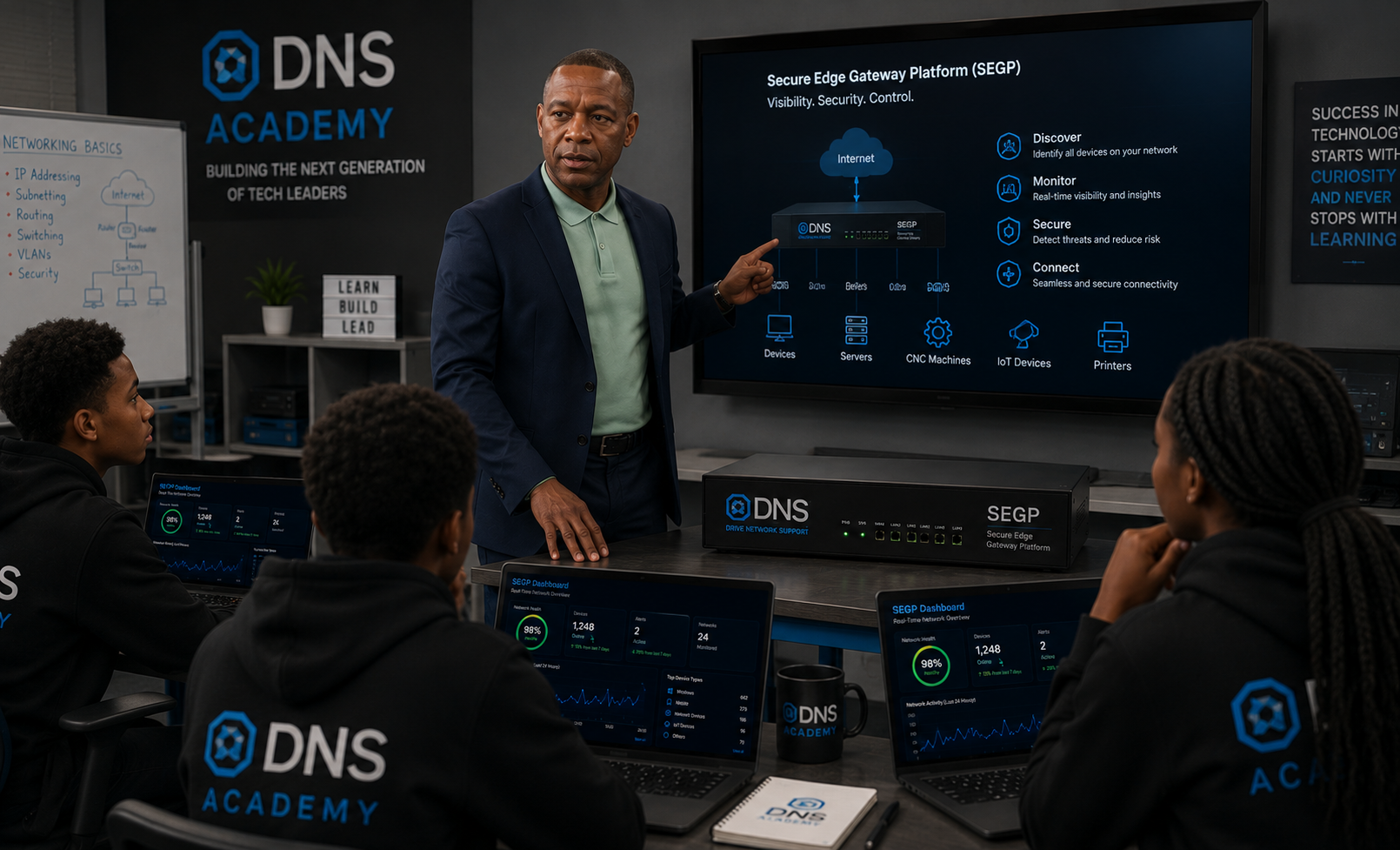 Mentoring students in the DNS Academy classroom with networking fundamentals on the whiteboard