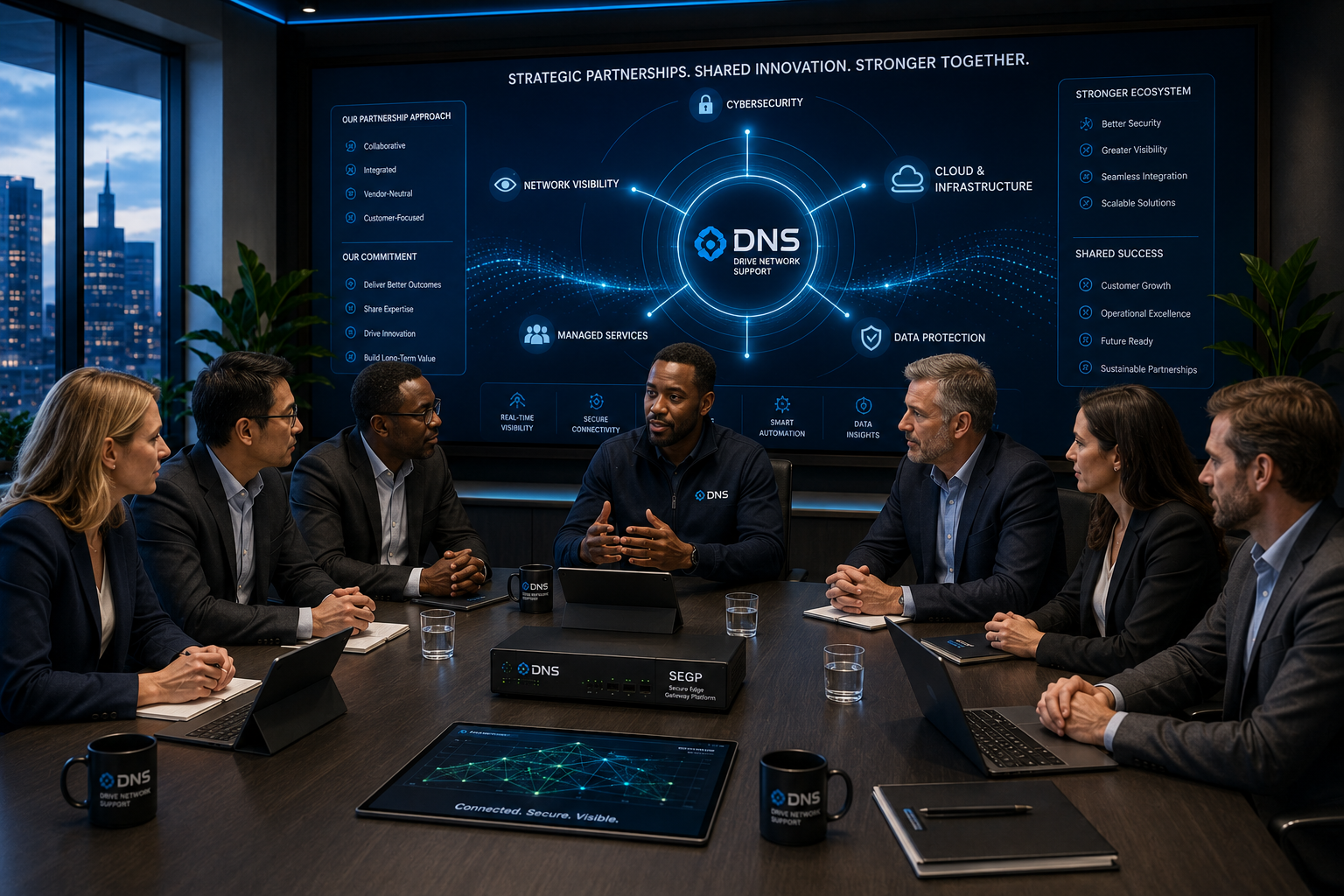 Strategic partnership meeting in a boardroom showing the partner ecosystem