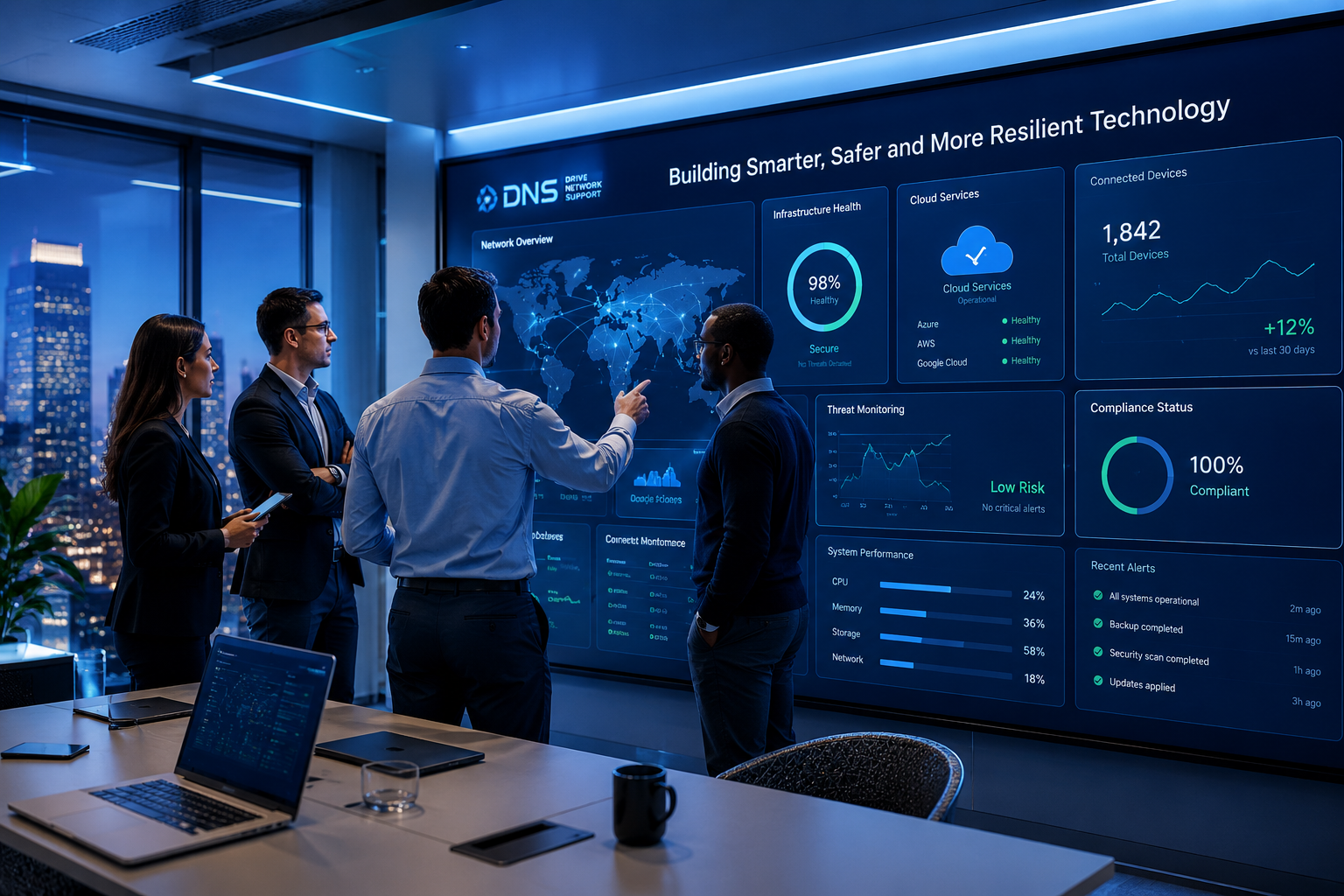 Business leaders reviewing a technology and security dashboard