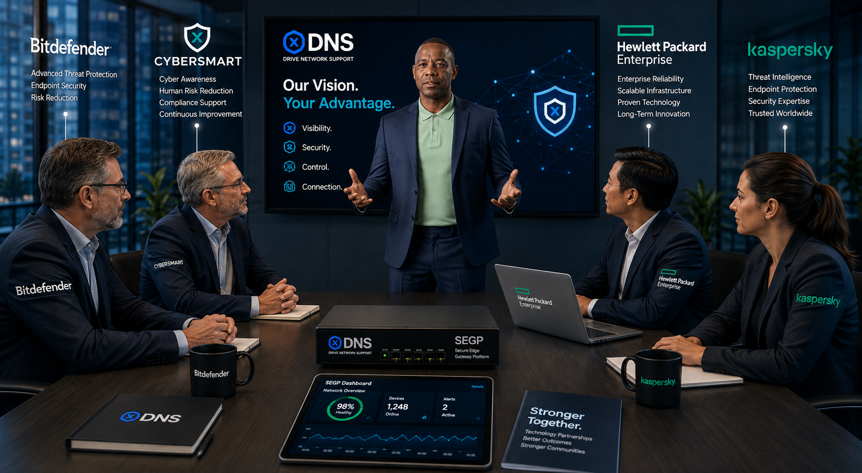 Technology partner strategy session in a boardroom with Drive Network Support and partner representatives