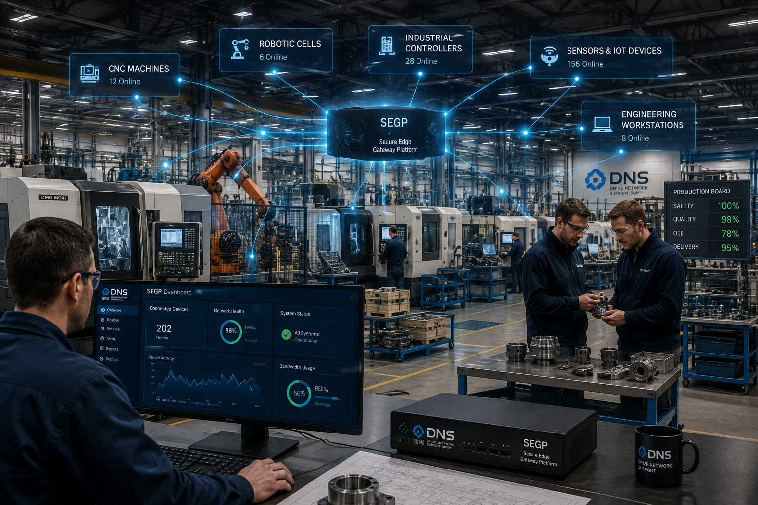 Factory floor with CNC machines, robotic cells and a connected dashboard
