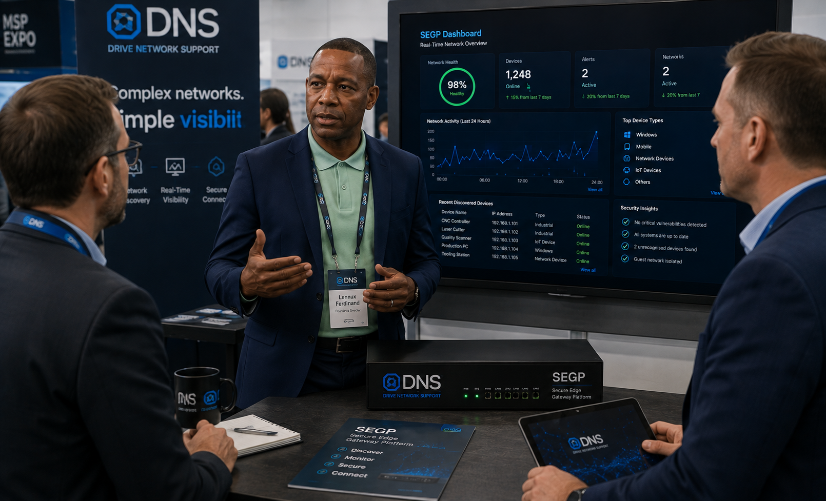 Lennux Ferdinand speaking with managed service provider partners at an exhibition stand