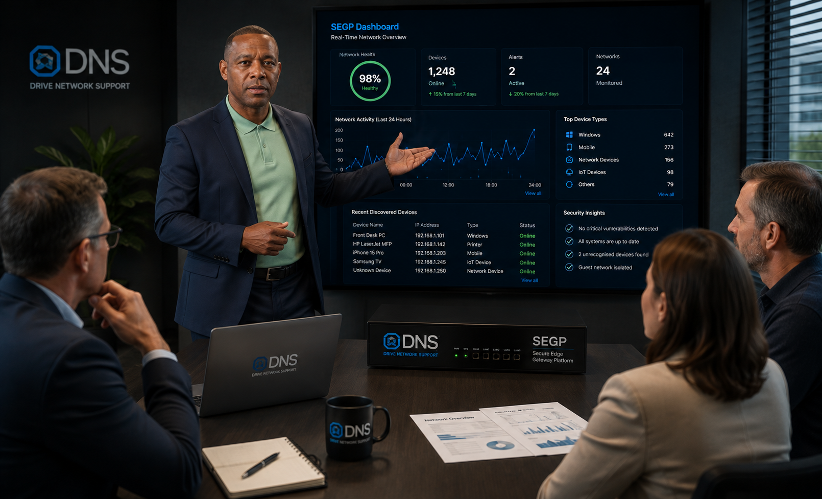 Drive Network Support meeting with customers around live SEGP dashboards in a boardroom
