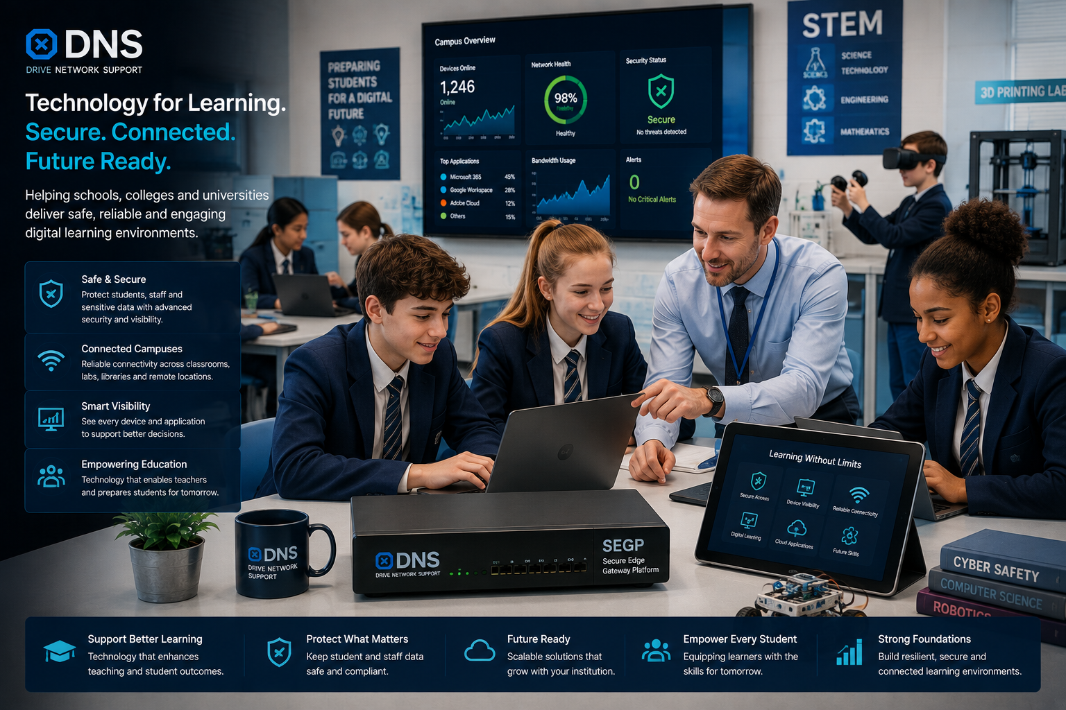 Modern classroom with students using laptops, an interactive display and robotics equipment