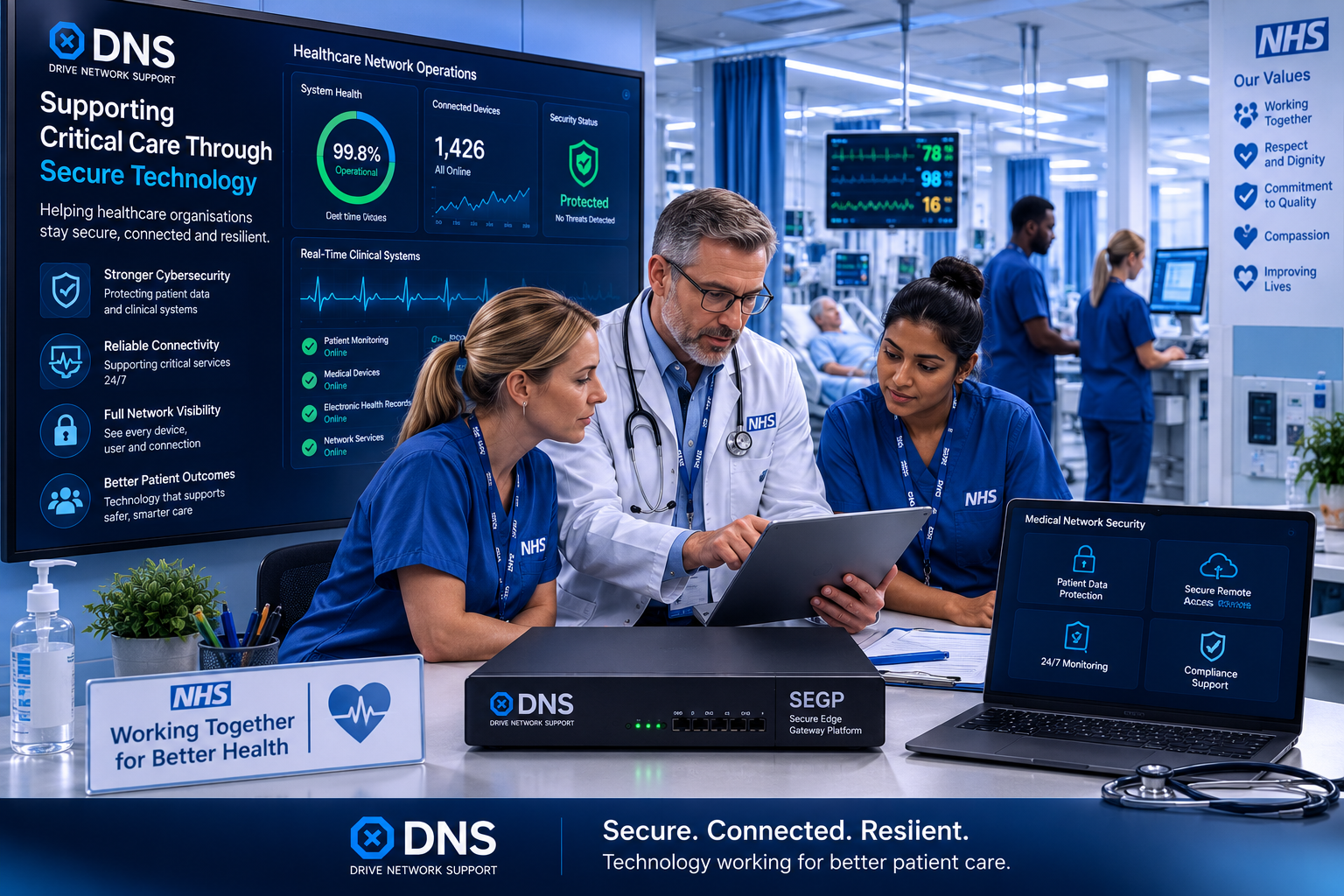 Hospital staff reviewing secure clinical systems and connected medical devices