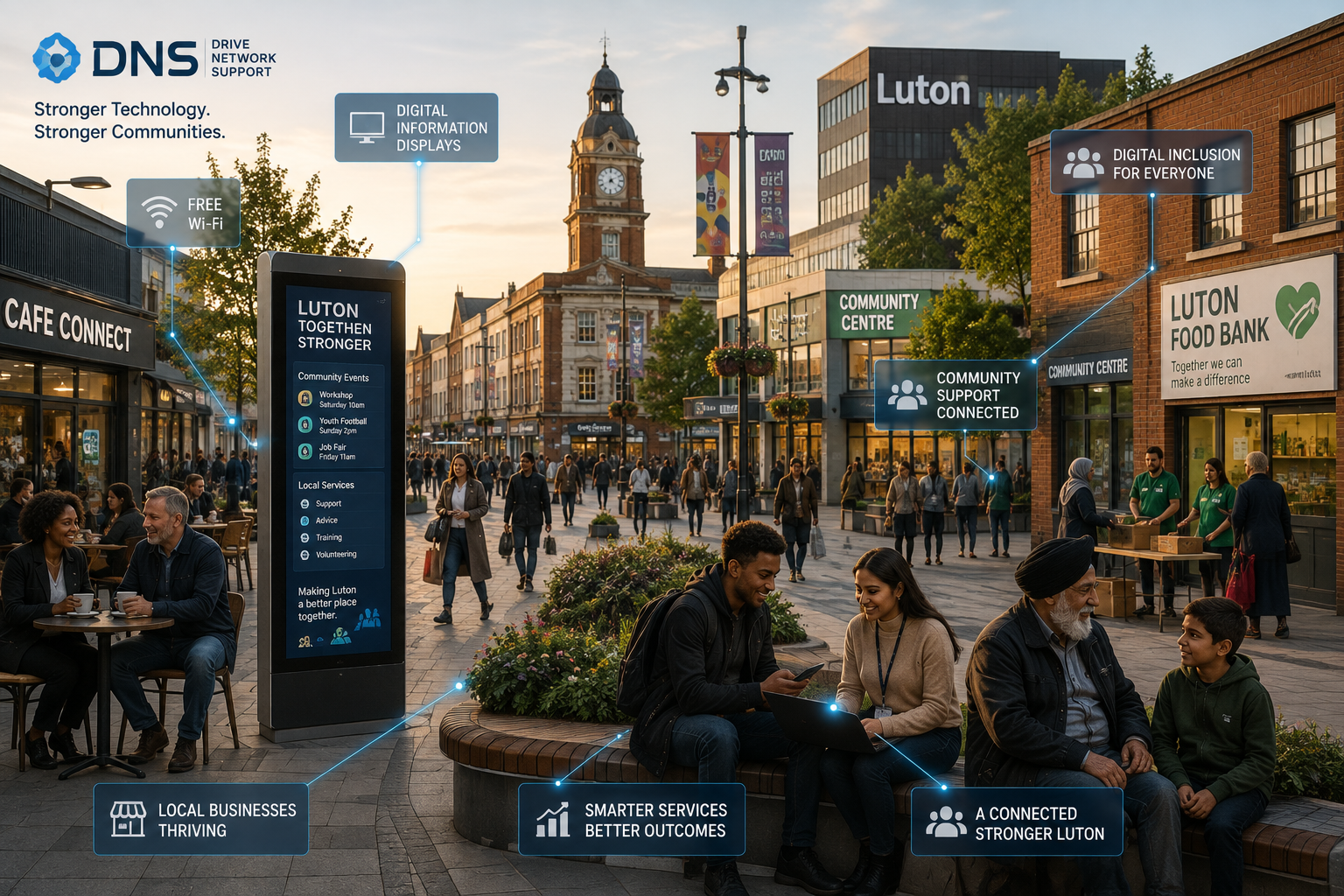 A regenerated town square with digital information displays and connected community services